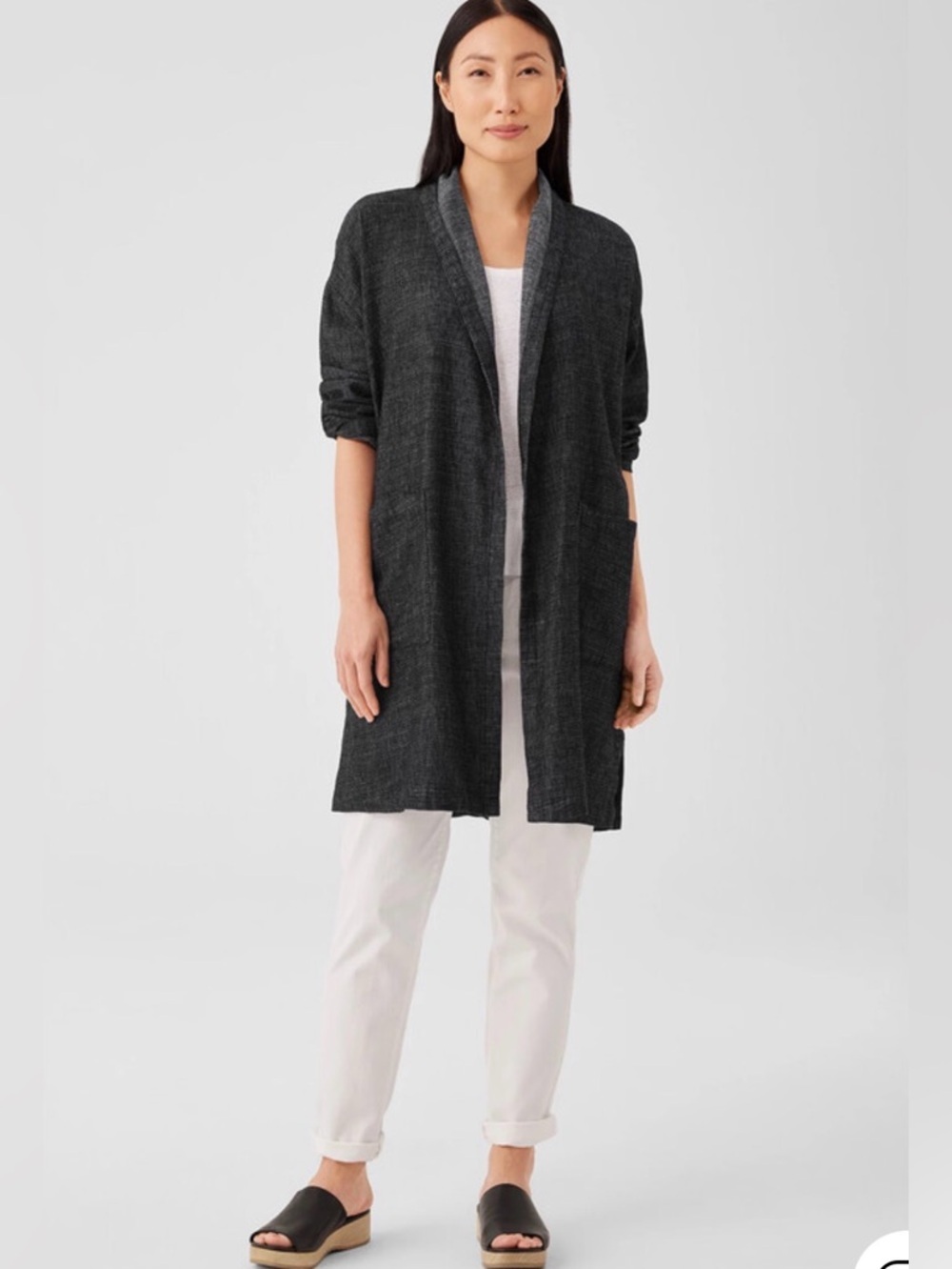 Eileen Fisher Tweedy Hemp Open-Front High Collar Coat- Charcoal Black